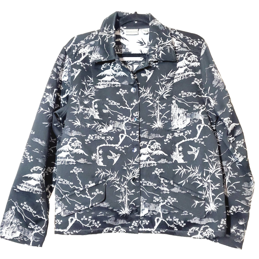 Chico’s 2 Large Womens Jacket Black Asian Inspired Print Embroidered Bamboo Bird